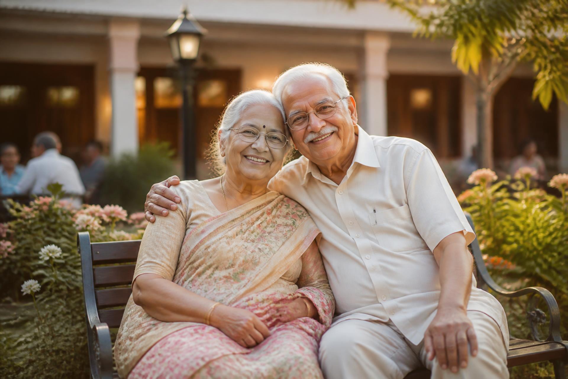 Smiling elderly couple in the peaceful garden of Sreyaa Welfare Foundation